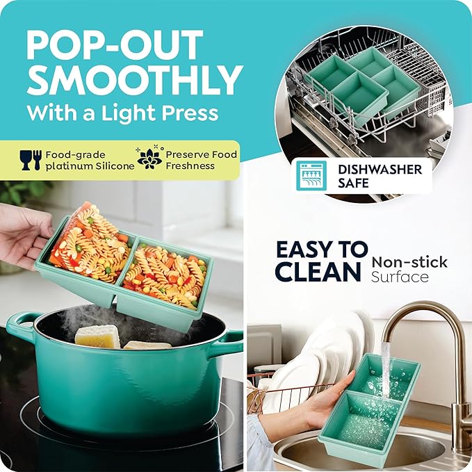 2 cup Silicone Freezer Trays with Lids, Silicone Soup Freezer Molds, Easily prepare portioned meals, Great for storing soups, lasagna, leftovers, sauces and other dishes, Dishwasher, Oven Safe