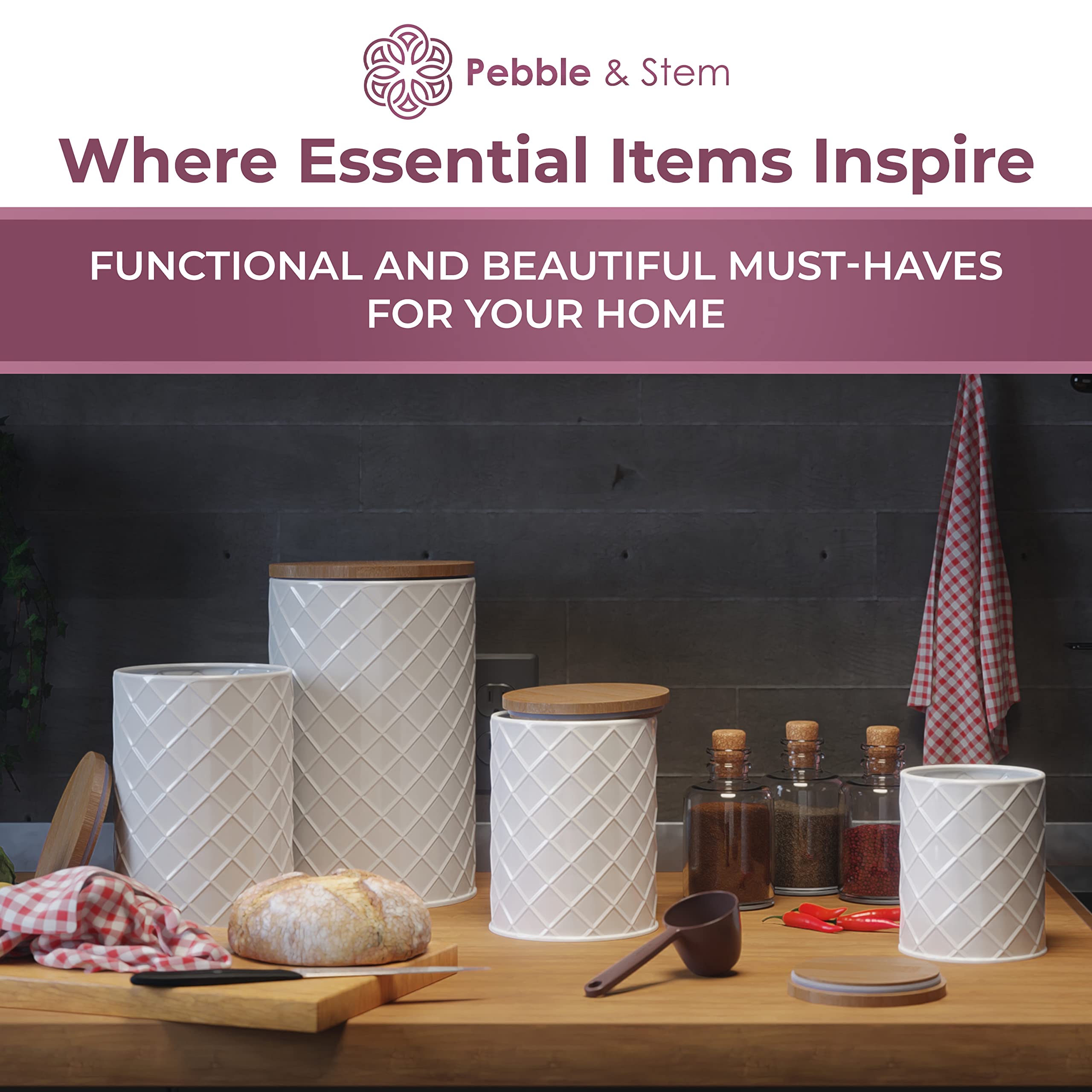 Pebble & Stem® White Metal Canister Set for the Kitchen Counter, Food Canister Set of 4, Airtight Lids, Sugar and Flour Containers for Countertops, Coffee and Tea Storage, Farmhouse Decor