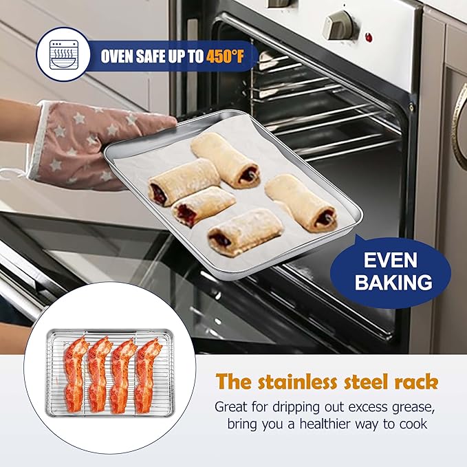 10.4” Baking Sheet Pan with Rack, Joyfair Stainless Steel Toaster Oven Tray