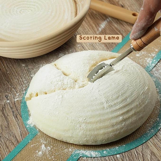 2 Pack 10-Inch Oval Banneton Proofing Basket Set, Sourdough Making Kit, Brotform for Artisan Bread, Includes Danish Dough Whisk, Scoring Lame, Scrapers, Sling & Cleaning Brush