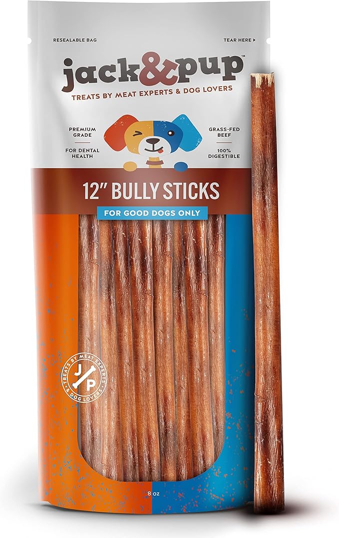 Jack&Pup 12 Inch Bully Sticks, Dog Chew Sticks, (8oz, 4/5 Sticks) Bully Sticks for Large Dogs