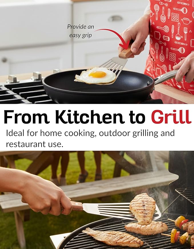 Fish Spatula with Natural Wood Handle - 420 Stainless Steel Slotted Fish Turner for Frying, Grilling & Flipping - Professional 11-Inch Burger Turner, Steak & Pancake Spatula