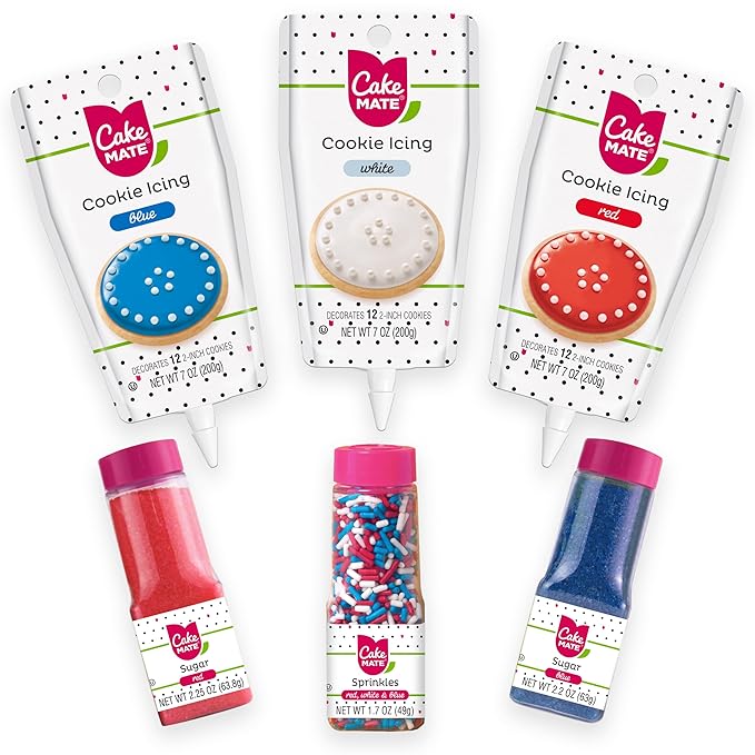 Cake Mate 4th of July Dot Cake Decorating Kit – Red & Blue Decorating Sugar, Red, White & Blue Sprinkles & Cookie Icing for Patriotic Cakes, Cupcakes, Cookies & Desserts