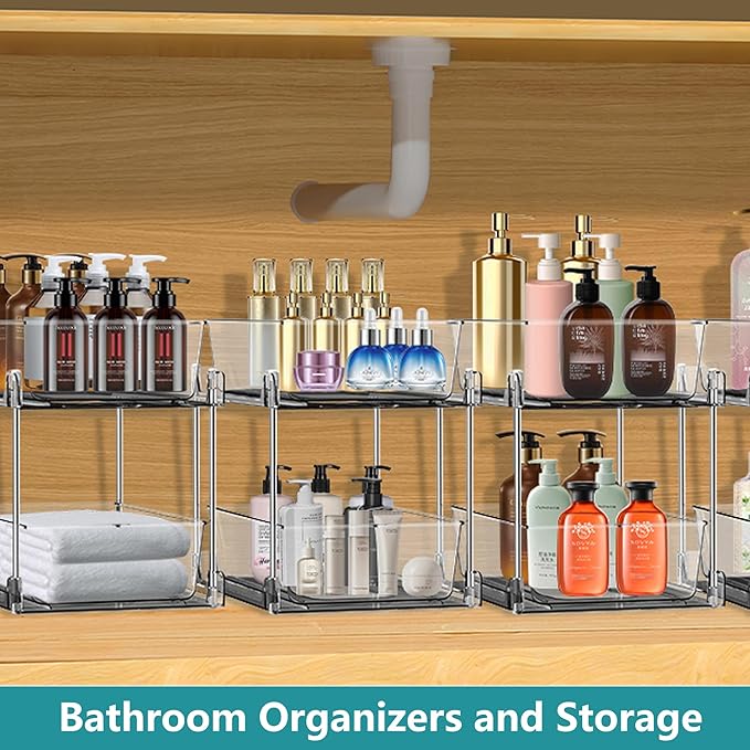 AITOPMART 2 Pack Bathroom Organizer,2 Tier Clear Under Sink Organizers Vanity Countertop Storage Container,Cabinet Drawers Bins, Pull-Out Organization with Track for Pantry, Kitchen
