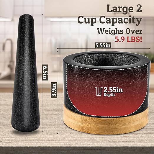 PriorityChef Heavy Duty Mortar and Pestle Set with Bamboo Base, 100% Natural Granite Stone Grinder, Guacamole Bowl and Masher, 2 Cups, Black