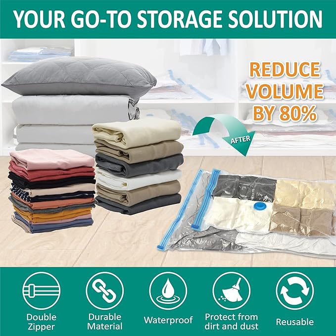 Cozy Essential Vacuum Storage Bags, 80% Compression Vacuum Seal Space Saver Plastic Packaging Bags for Clothes, Blankets, Pillow, Bedding, Comforters, Sealer Clothing Storage,6 Jumbo