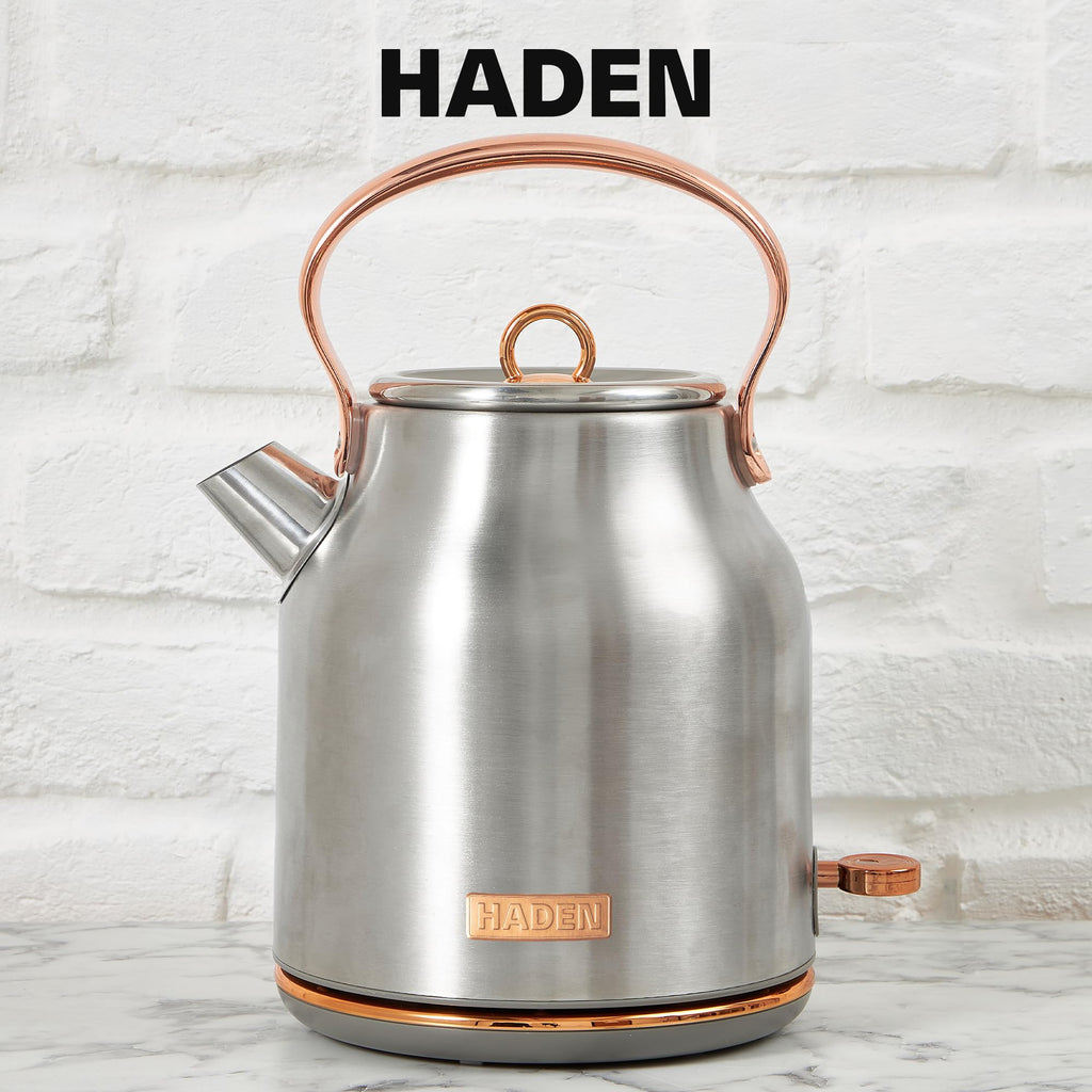 Haden Heritage 4 Slice Wide Slot Stainless Steel Toaster Bundled with 1.7 Liter Stainless Steel Electric Water Kettle, Steel & Copper