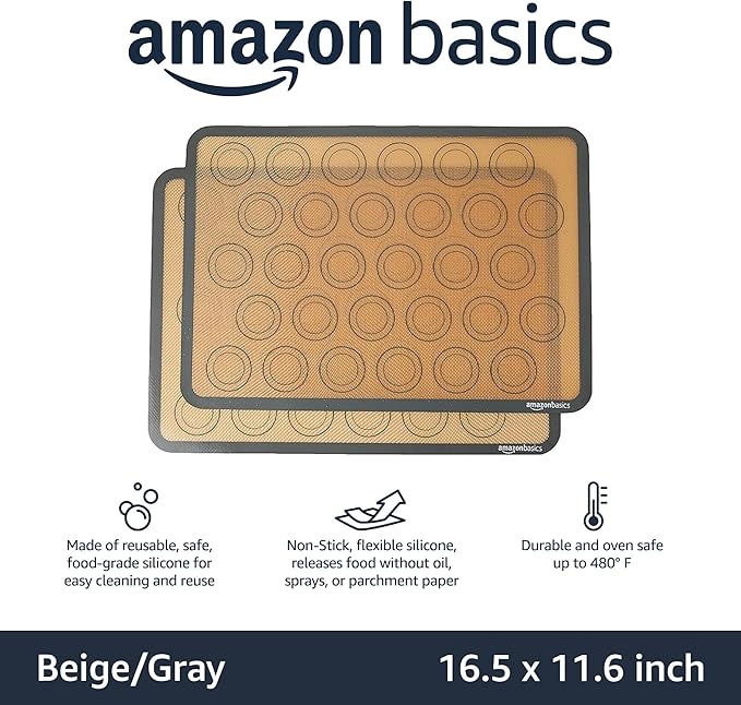 Amazon Basics Silicone Baking Mat for Macarons, Non-Stick, Food Safe, Reusable, Oven-Safe, 16.5" x 11.6", Beige/Gray, 2-Pack