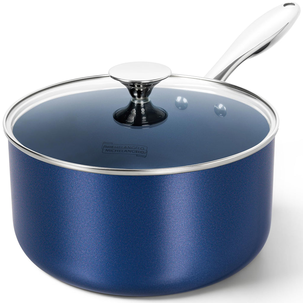 MICHELANGELO 4 Quart Saucepan with Lid, Nonstick Ceramic Sauce Pan with Stainless Steel Handle, 4 Qt Saucepan with Lid Induction Compatible, Oven Safe, Blue