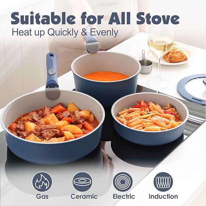SENSARTE 24 Piece Ceramic Detachable Handle Pots and Pans Set Navy