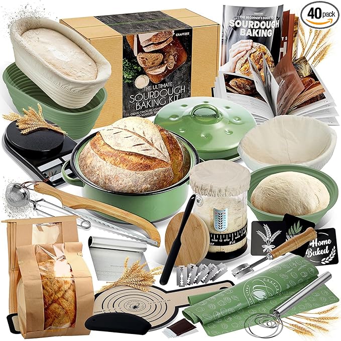 CraftZee All-Inclusive 𝗣𝗥𝗘𝗠𝗜𝗨𝗠 Sourdough Starter Kit with Pot, 34 Oz Starter Jar, 4 Banneton Bread Proofing Baskets, Scraper, Scale, Sourdough Bread Baking Supplies, Beginner Guide & Recipes