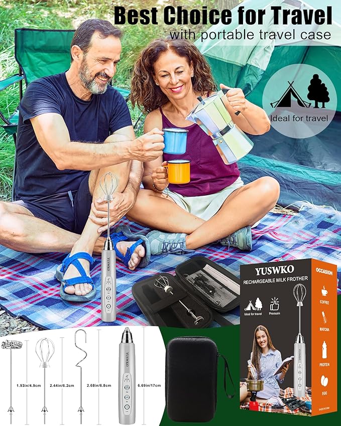 YUSWKO Handheld Milk Frother Wand for Coffee, Rechargeable Electric Whisk with 3 Heads 3 Speeds Drink Mixer Coffee Frother For Latte, Cappuccino, Hot Chocolate, Egg, Silver with Bag