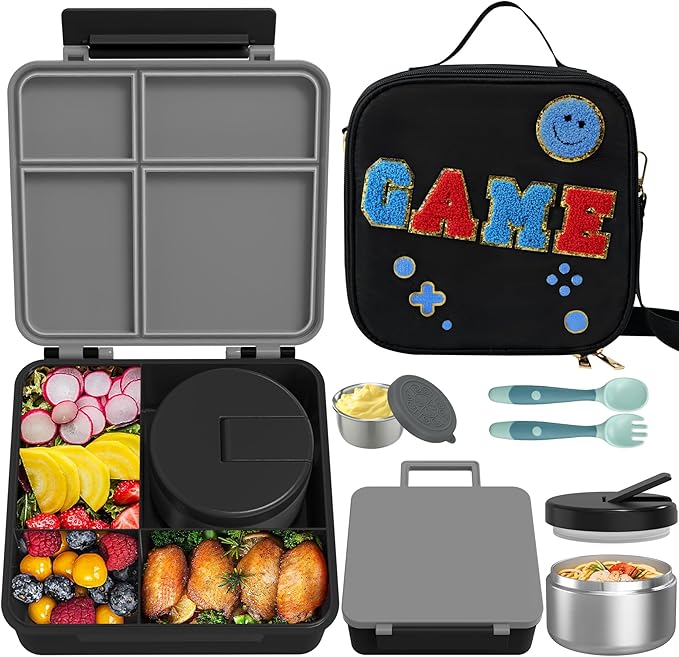 Aimsnk Kids Lunch Box with Thermo Insulated Lunch Bag for School, Black