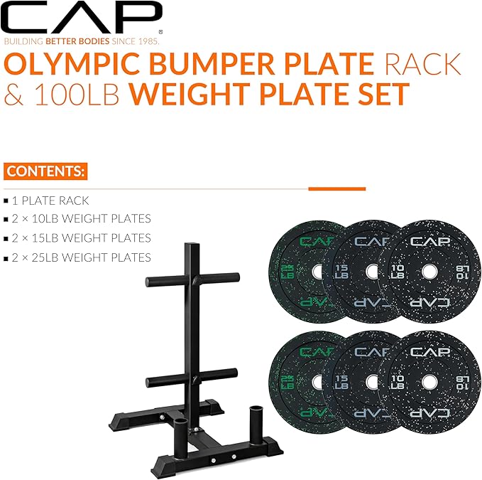 CAP 100lb Economy Speckled Olympic Bumper Plate Set Compact Storage Rack