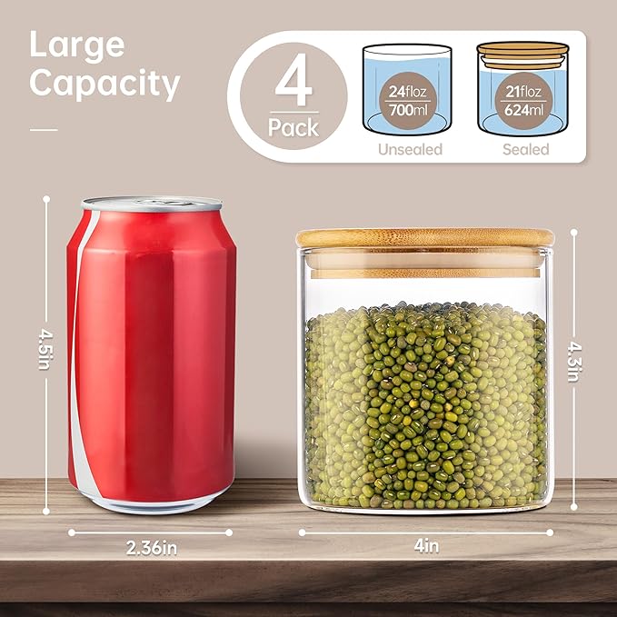 21 oz Glass Jars with Bamboo Lids, Airtight Food Storage Containers, 4 Pack