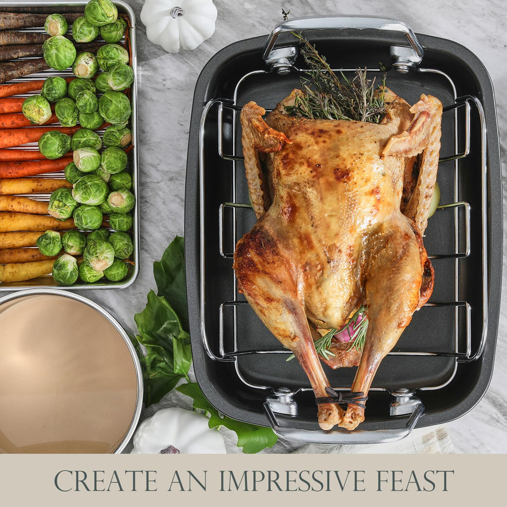 KITESSENSU Nonstick Turkey Roasting Pan with Rack 17 x 14 inch - Large Chicken Roaster Pan for Oven - Wider Handles & Heavy Duty Construction - Suitable for 24lb Turkey, Gray