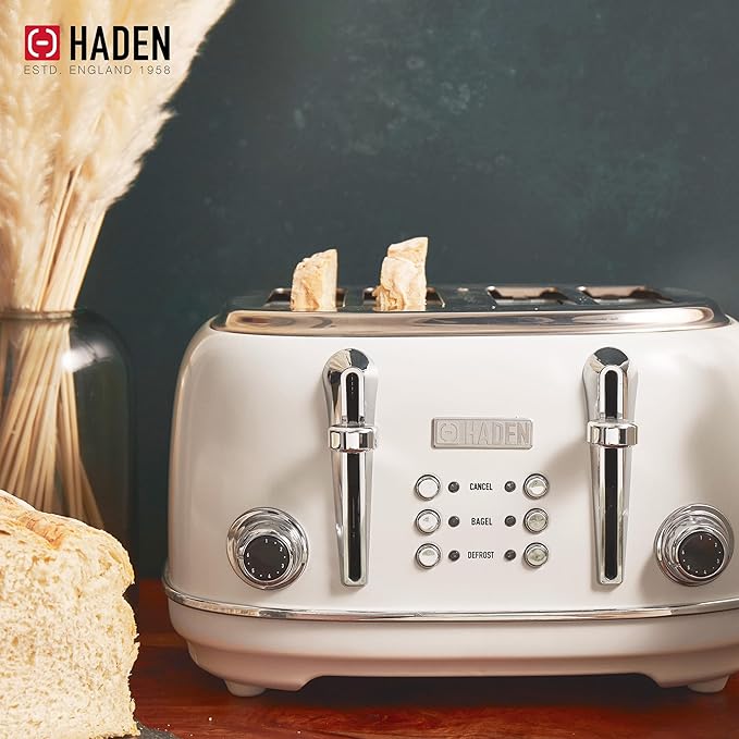 HADEN Heritage Toaster with Extra Wide Slots, 1500-Watt, Ivory & Chrome - Retro Stainless Steel Design with Self-Centering Function, 4 Slice Adjustable Browning Control & Removable Crumb Tray