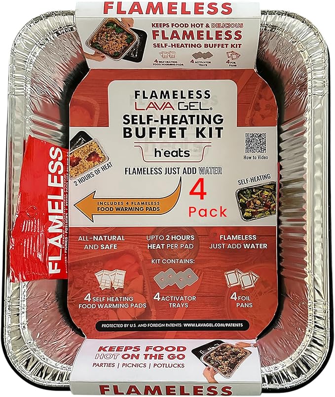 Lava Gel Self-Heating Buffet Kit – Flameless Food Warmer Set for Parties – Includes 4 Trays, 4 Half-Size Heat Pads & Foil Pans – Keeps Hot Food Hot for up to 3 Hours – Gel Fuel Can Alternative