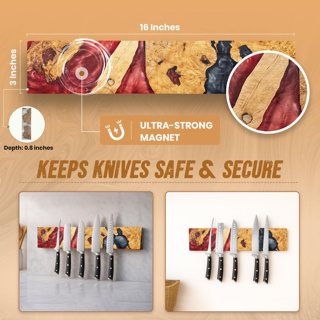 Magnetic Knife Holder for Wall 16 Inch |Premium Wood & Red and Grey Resin| Epoxy Knife Magnetic Strip, Kitchen Knife Block Holder with Strong Magnet, Space-Saving, Handcrafted Style & Easy to Install