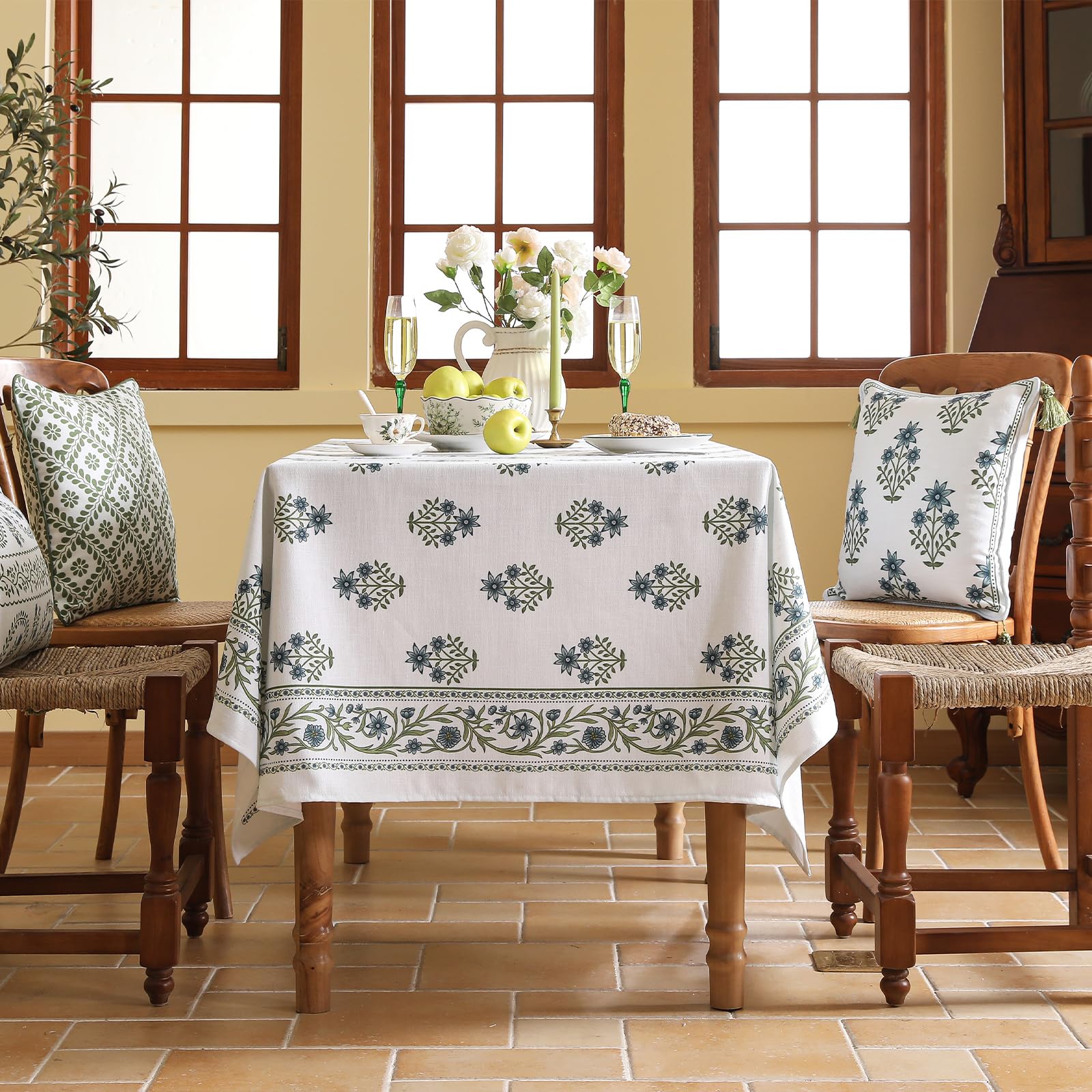 ISAENNE Designer French Linen Rectangular Tablecloth,110"x63"-Mosella F