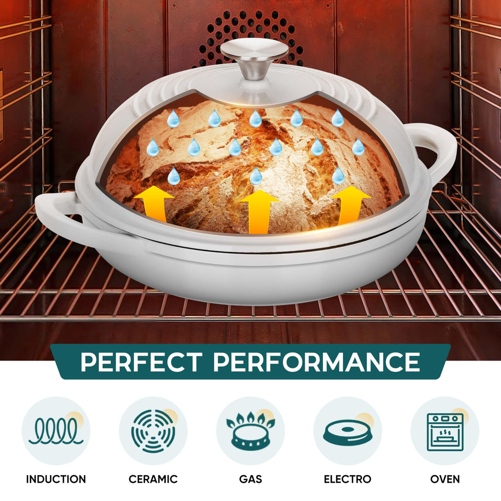 E-far Dutch Oven for Sourdough Bread Baking, 6 Qt Round Enameled Cast Iron Dutch Oven for Homemade Artisan Bread, Dome Lid & Shallow Base, Matte Black Interior & Durable, Oven-Safe to 500℉, White