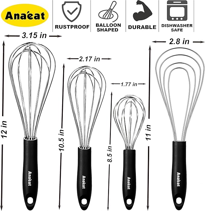 Anaeat Stainless Steel Kitchen Whisk Set of 4, Milk and Egg Beater Blender with Thick Wire for Whisking, Cooking, Baking, Beating and Stirring - 11'' Flat Whisk and 9''+11''+12'' Balloon Whisks