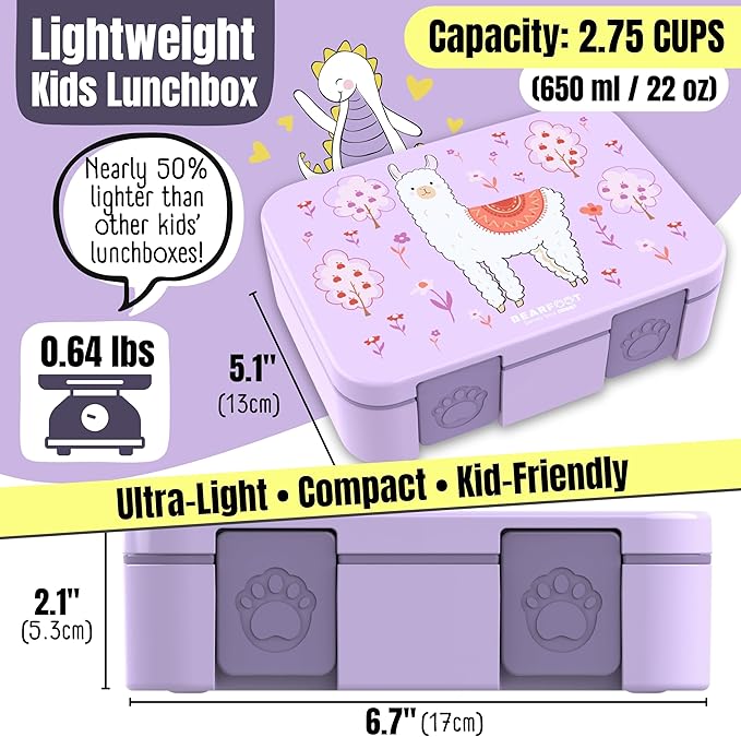 BEARFOOT Kids Lunch Box with Compartments – Compact & Lightweight | Leak-Proof, BPA-Free, Dishwasher Safe | Hand-Drawn Design for Preschool, School, Travel (Llama Purple, 2.75 Cups)