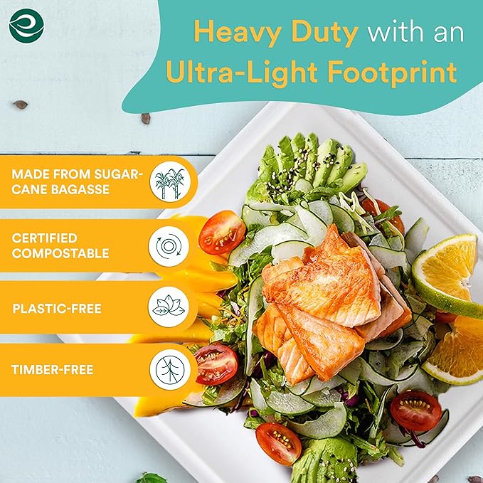 ECO SOUL 10 Inch Disposable Bagasse Paper Plates (200 Pack, Square)