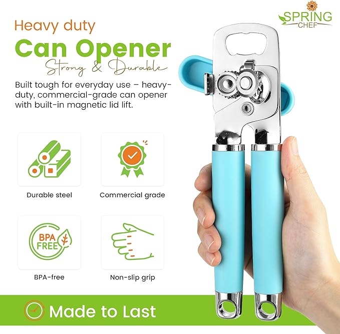 Spring Chef Stainless Steel Manual Can Opener w/Soft Grip Handle, Aqua Sky