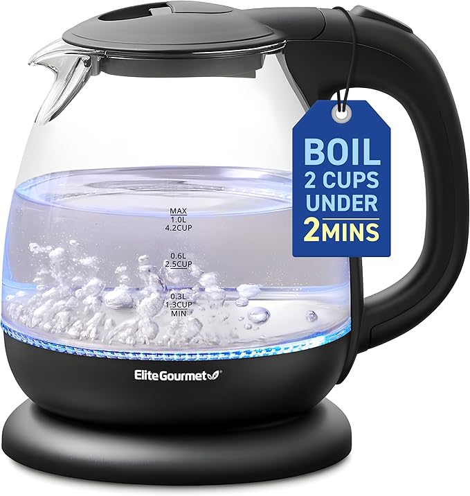 Elite Gourmet EKT1001B 1.0L Electric Glass Kettle, 1100W, Graphite Black
