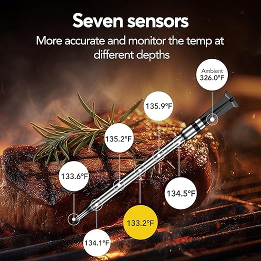 BBQOVN WiFi Sub-1G Wireless Meat Thermometer Unlimited Range, Check Temp Anywhere,7 NIST Certified Sensors with Ambient Temp, Monitor for BBQ, Grill, Oven, Smoker, Air Fryer (Harvest Bamboo)