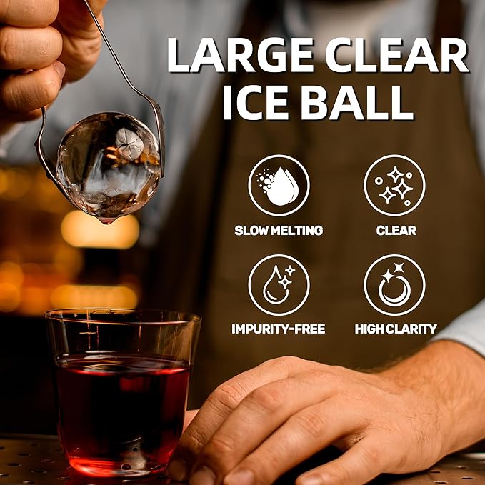 Clear Ice Cube Maker Tray – 2.5 Inch Large Round Ice Ball Mold, Stainless Steel & Silicone, Slow Melting Transparent Ice for Whiskey, Cocktails, and Home Bar Use (Black-1 Pack)