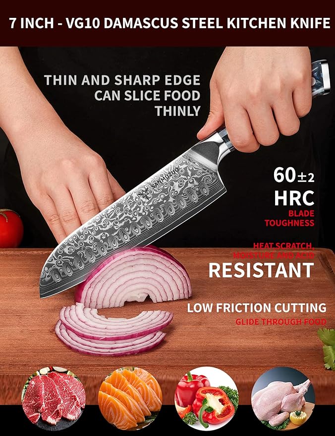 SANMUZUO Santoku Knife - 7 inch - Xuan Series - VG10 Damascus Steel Kitchen Knife - Resin Handle (Starry Black)