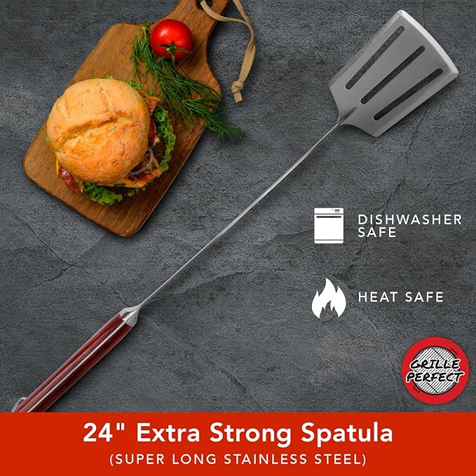 Grill Spatula 24-inch Super Long for Grilling Barbecue Griddle and Fire Pit Extra Strong Curved Neck Premium Hardwood Handle Large Stainless Steel Blade For BBQ Outdoor Kitchen and Grilled Food