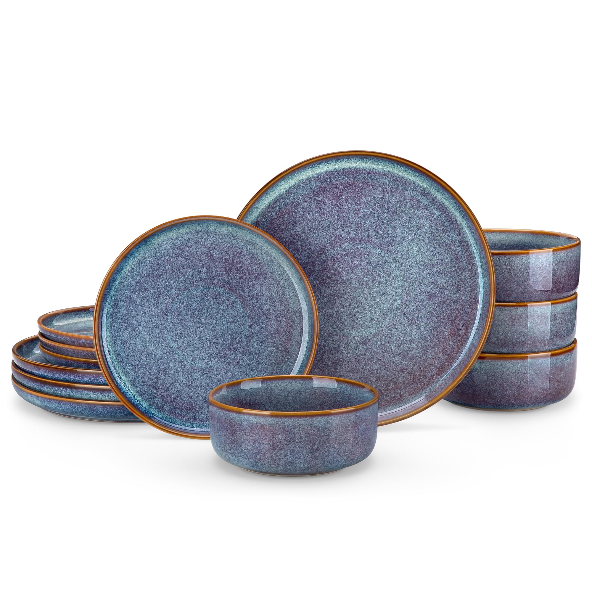 vancasso PLAYA Plates and Bowls Sets, 12 Pieces Grey-Blue Dinnerware Sets for Kitchen, Reactive Glaze Dishes Set for 4, Dishwasher and Microwave Safe