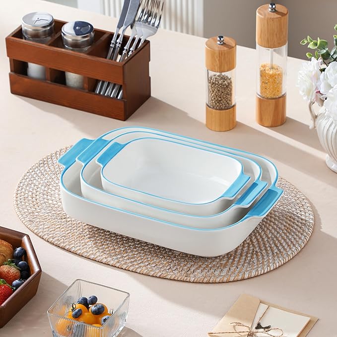 MALACASA Ceramic Baking Dishes Set of 3, Blue Trim Casserole for Oven, 9x13