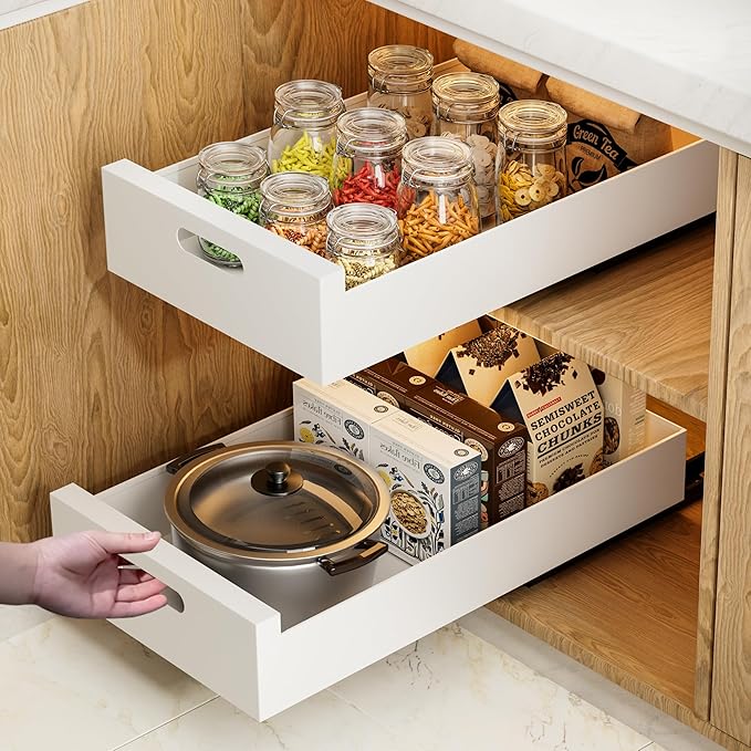 HBL' 1 Pack | 21" Deep Pull Out Cabinet Organizer Adhesive, 12-Inch Wide Sturdy Carbon Steel Roll-Out Drawers, Designed for Frameless Cabinets, Slide-Out Shelves for Pantry.