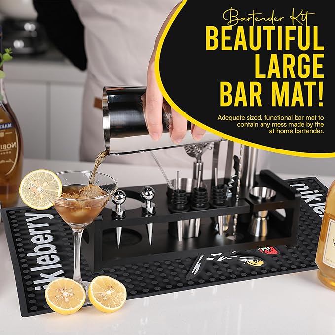 Nikleberry Premium 18-Piece Bartender Kit - Mixology Cocktail Shaker Set with Modern Bamboo Stand, Weighted Boston Shaker, Bar Mat & Recipe Book | 304 Stainless Steel Home Bar Accessories