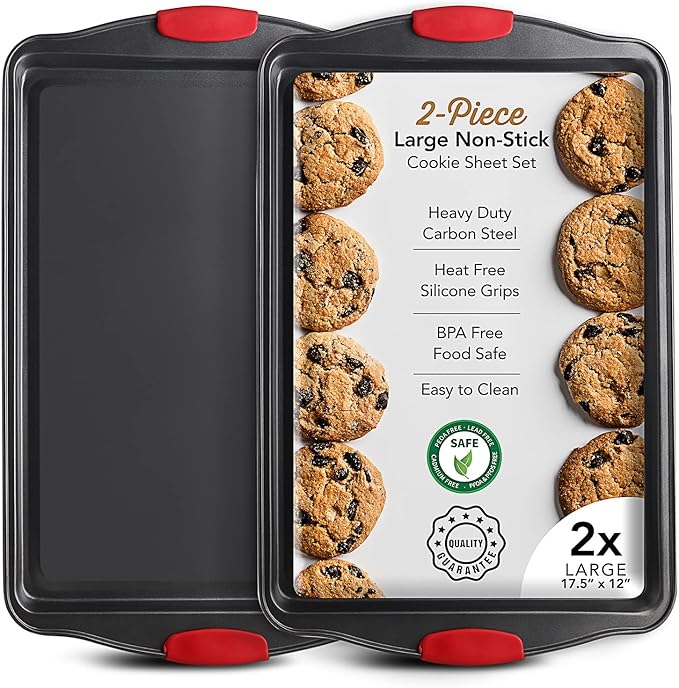 Eatex Nonstick Baking Sheet Set, 2-Piece Baking Pans Set with Silicone Handles, Carbon Steel Cookie Sheets for Baking Commercial Grade Quality Oven Tray, Large Half Sheet Pans for Baking