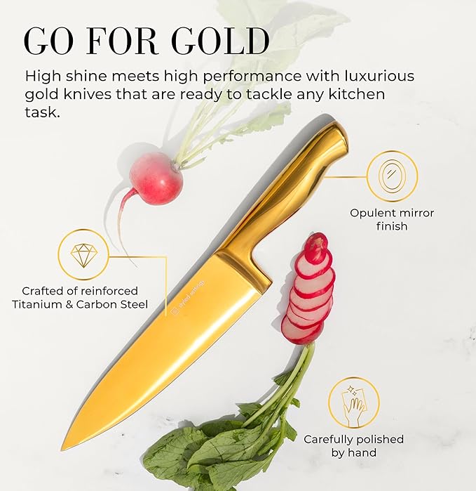 Styled Settings Gold Knife Set with Block and Built-In Sharpener, 14-Piece