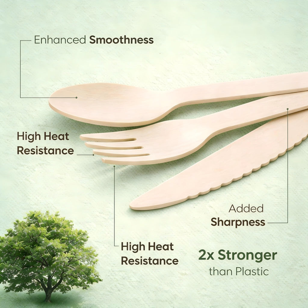 100% Compostable Cutlery Set - 150 Pieces Wooden Utensil Set [50 Wooden Forks, Wooden Spoons, Knives] - Disposable Wooden Cutlery, Eco Friendly Forks, Spoons, Knives Set Compostable Utensils