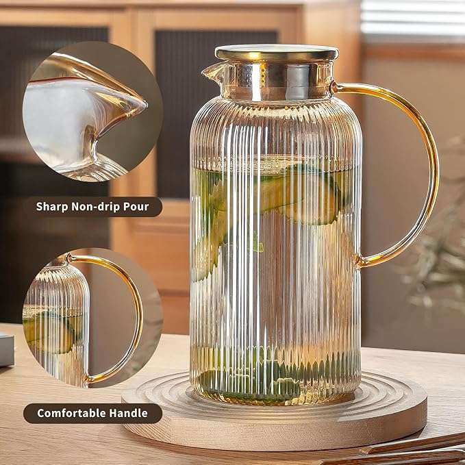 Buaic Glass Pitcher with Lid, 84 oz/ 2.5L Amber Glass Water Pitcher