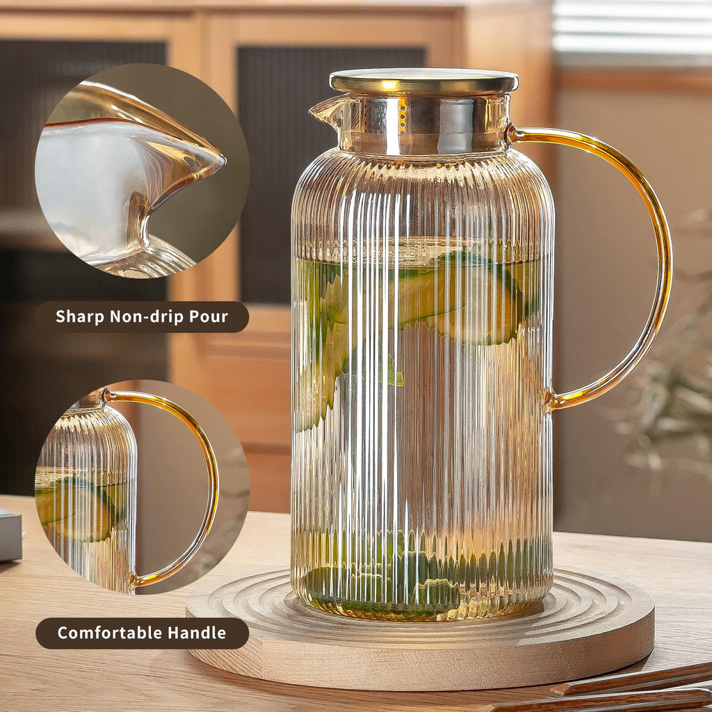 Buaic Glass Pitcher with Lid, 84 oz/ 2.5L Amber Glass Water Pitcher