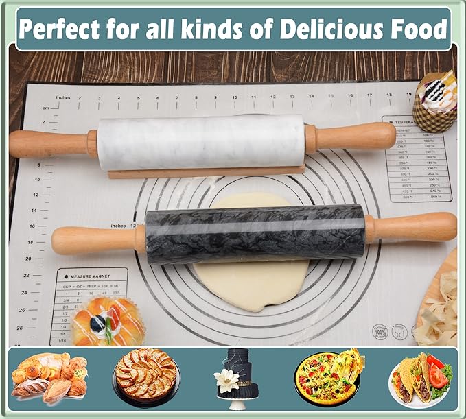 SIPARUI Marble Rolling Pin with Wooden Cradle Thick Handle Set for Baking,18.5 inch Premium Quality Polished Roller for Pizza Dough,Fondant,Pie Crust,Non-Stick Surface Easy to Clean(Black)