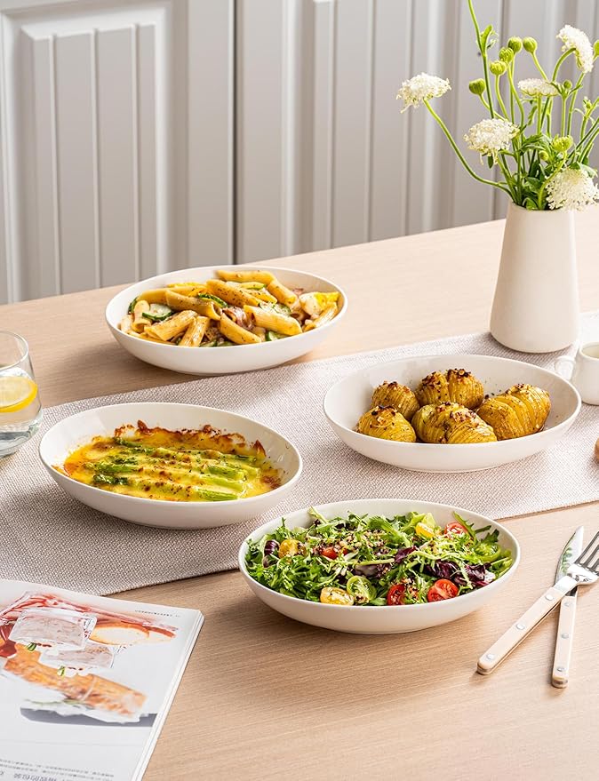 Gacoree 8" Oval Small Serving Bowls Set of 4, 24 oz White Ceramic Oval Bowls for Food, Small Serving Dish for Salad, Pasta, Side Dishes, Fruit, Snacks, Microwave Dishwasher Oven Safe