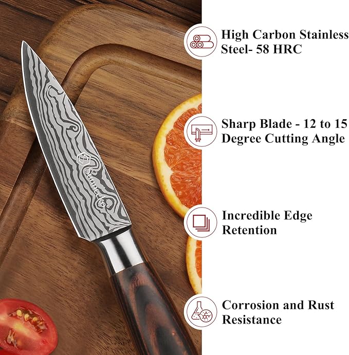 Sunnecko 3.5 Inch Paring Knife, Ultra Sharp High Carbon Steel Fruit Knife