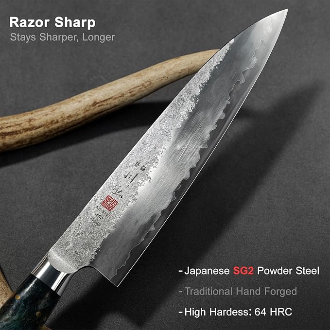 KAWAHIRO 8.27" Japanese Chef Knife, SG2 Powder Steel Gyuto, Hand Forged