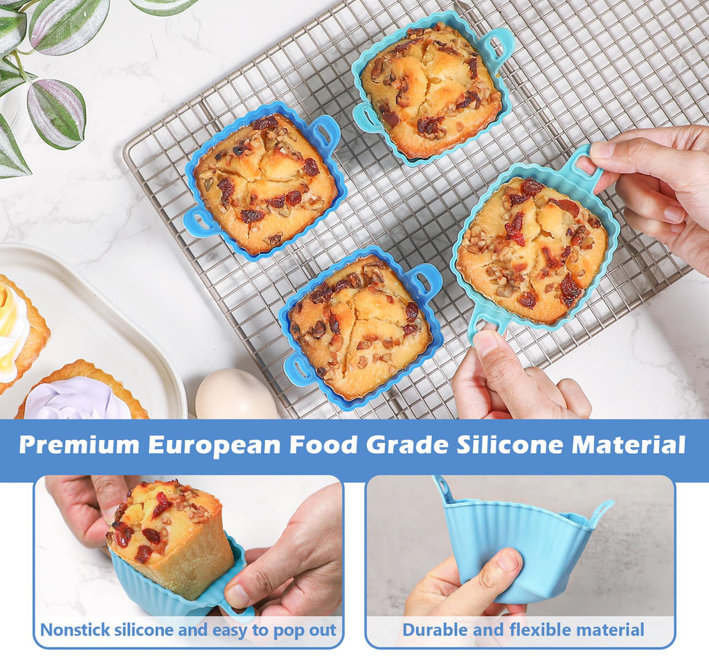Koluti Reusable Egg Bites Silicone Mold Set of 4, Nonstick Muffin Baking Cupcake with Double Handle, Small Square Air Fryer Cupcake Liners, 2 Color