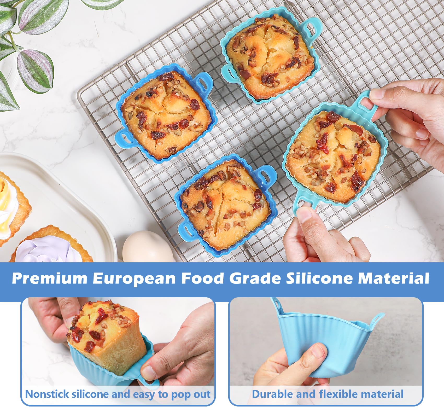 Koluti Reusable Egg Bites Silicone Mold Set of 4, Nonstick Muffin Baking Cupcake with Double Handle, Small Square Air Fryer Cupcake Liners, 2 Color