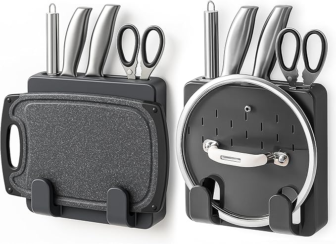 SLIMUCH Wall Mounted Knife & Cutting Board Holder – Self-Adhesive Pot Lid and Utensil Organizer with 4 Slots for Knives, Scissors & Kitchen Tools | Space-Saving Under Cabinet Storage Rack